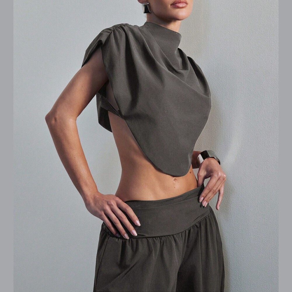 Charcoal Gray Cowl Neck Crop Tank Top With Draped Asymmetric Hem